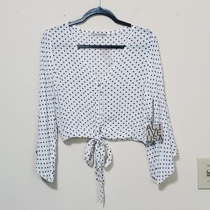 NWT White Black Polka Dot Button TieBlouse Medium